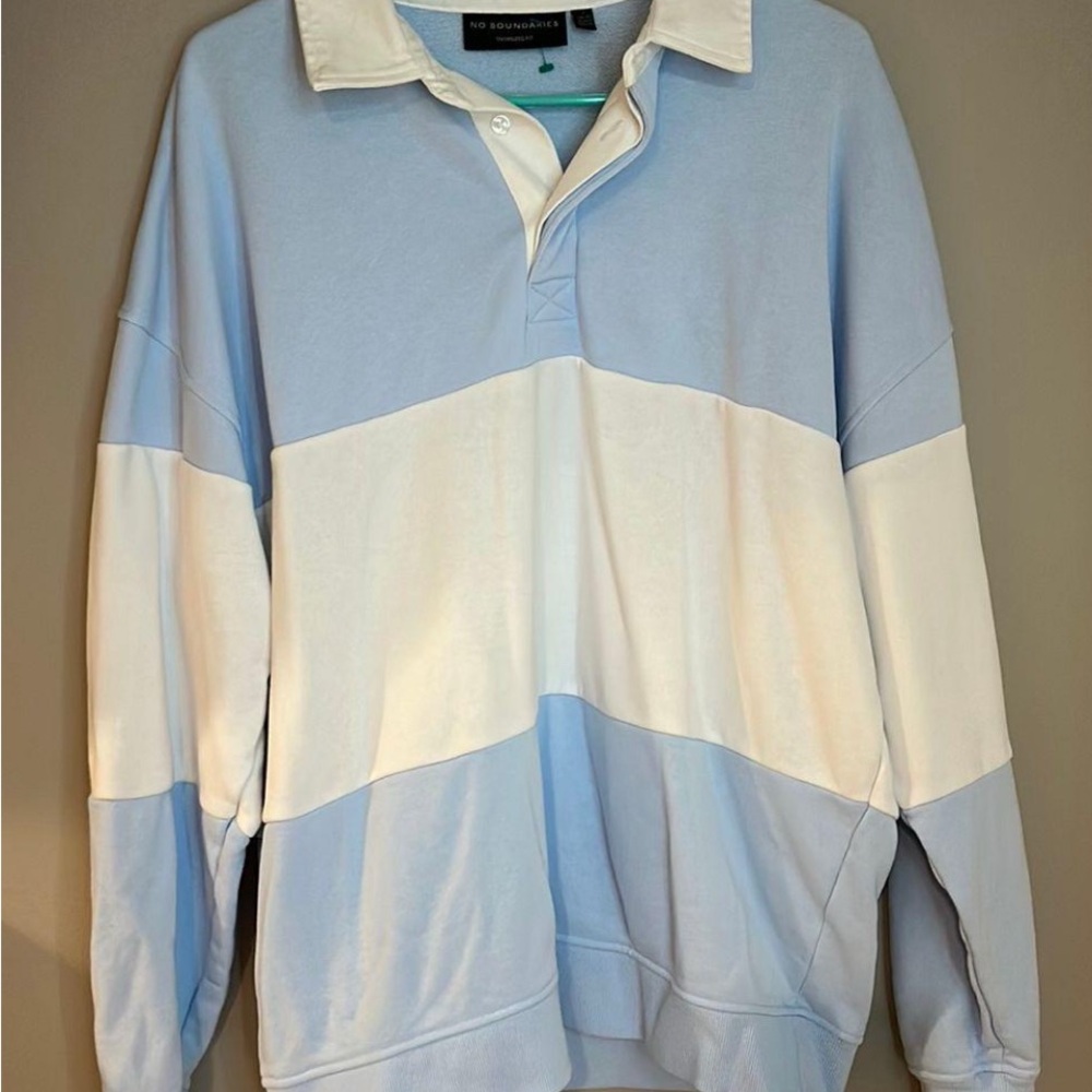 No Boundaries Light Blue and White Color Block Sweater